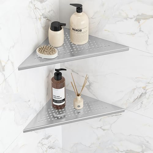 Qeke Corner Shower Shelves, 10” Recessed Tile Shower Shelf Brushed Nickel, 304 Stainless Steel Grout in Corner Tile Bathroom Shelves, No Drilling, 2 Pack