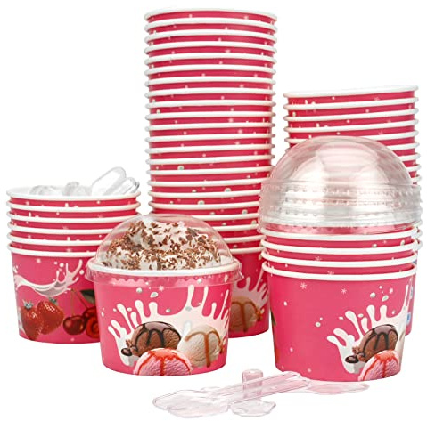 GLAITC Coppe Gelato di Carta,4 oz 50 Pezzi Contenitori per Gelato di Carta Riutilizzabili con 50 Pezzi, Coperchi e Palette, Coppe per Gelato, Coppe per Dessert,Gelato,Yogurt,Zuppa e Torta (Rosa)