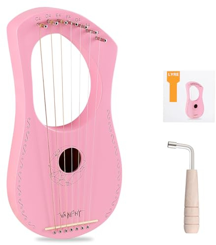 Lyre Harp VANPHY Lyre Harp 7 Strings Mahogany Body Metal String for Beginner Harps Classical Style Harp Instrument with Tuning Wrench Strings Gig Bag (Pink)