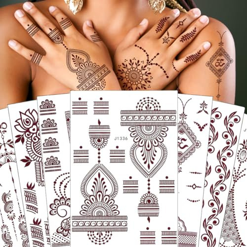 XMASIR 12 Feuilles Tatouage Temporaire pour Femme Filles, Faux Tatouage Ephemere Mandala Fleur Tatouage Autocollant Indienne taouages pour Mariage Main Art (Brun)