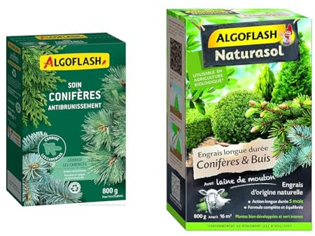 ALGOFLASH Soin Conifères Anti-brunissement, Corrige les Carences, 800 g, ACOBRU800N & ALGOFLASH NATURASOL Engrais ConifÃšres et buis, Jusqu'à 16m², 800 g, ACOBIO800