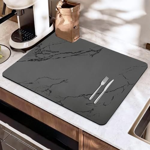 SOQKEEN Abtropfmatte Geschirr, 50 x 40 cm Unterlage Kaffeemaschine Abtropfmatte Grau mit Schmutzabweisender Gummisohle, Self Drying Mat, Abtropfmatte Spüle, Kaffeematte, Dish Drying Mat, Barmatte