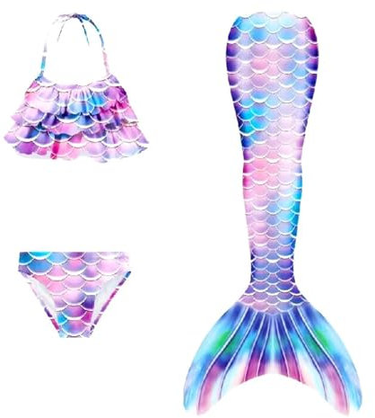 Fisch Tail zum Monoflosse mit Bikini Mädchen Cosplay Sommer Lässige Badebekleidung 3-teiliges Set für Kinder Bikini-Badeanzug Hohe Taille Bauchkontrolle Damen – Sexy Monofilament-Bademode mit Push-Up