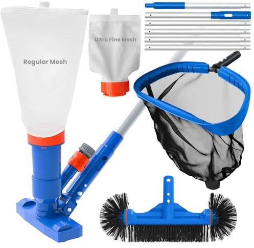 Poolvio Pool Cleaning Kit with Spa Jet Vacuum Cleaner, 8-Foot Pole, Leaf Rake Net & Round Brush for Inflatable and Above-Ground Pools