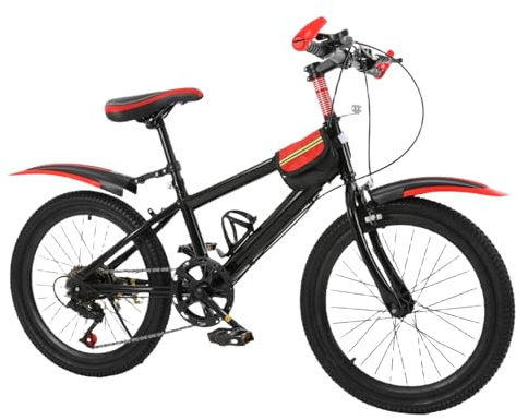 DAOHHFO Vélo pour enfant de 20 pouces, 7 vitesses, frein à double disque réglable en hauteur, garçon/fille, avec porte-bouteille + cloche boussole (rouge) – Idéal pour la fête des enfants