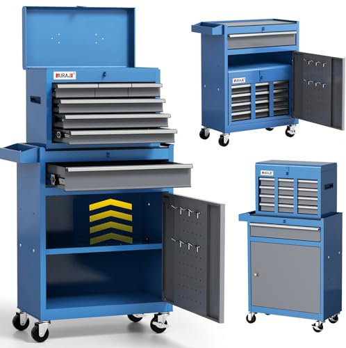 AIRAJ Tool Chest 7-Drawer | Heavy Duty Tool Chest on Wheels | Detachable Top Metal Tool Box | Garage Storage Tool Cabinet for Repair Room,Warehouse | Rolling Tool Box with Hooks,Liners,Blue