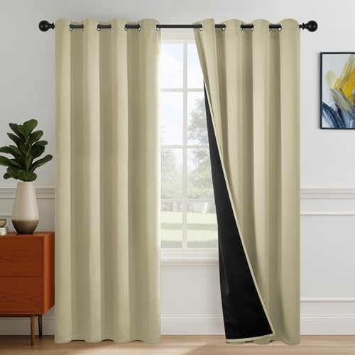 Deconovo Cortinas Salon Opacas 100% con Anillas, Cortinas Térmicas Aislantes Frío y Calor, Cortinas Modernas para Dormitorio con Reverso Negro, 2 Paneles, 140x260 cm, Beige Claro