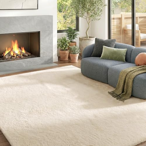 HOMCOM Alfombra Salón 160x230 cm Alfombra Lavable en Lavadora Pelo Largo Suave Estilo Moderno Tapete para Sala de Estar Dormitorio Comedor Blanco Crema