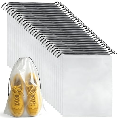 32 Pcs Shoe Bags for Travel，PLULON 15.7 x 11.8 Clear Drawstring Storage Plastic Bags Shoes Organizer for Packing Waterproof Dustproof Women Men Portable Travel Essentials