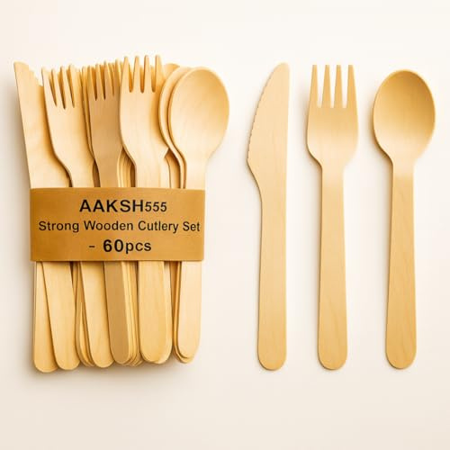 AAKSH555 |Pack of 60 Strong Disposable Wooden Cutlery Set | 20 Spoons, 20 Forks, 20 Knives |100% Birch Wood, Sturdy & Eco-Friendly| Ideal for Christmas, Birthday, BBQ, Picnic, Easter, New Year Parties