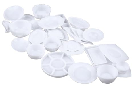 WOONEKY 33 Piezas Mini Vajilla Blanca para Muñecas Accesorios de Cocina Miniatura para Decoración y Utensilios Resistentes para Casa de Muñecas y Juguetes de Cocina para Niñas