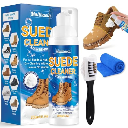 Mallbaola Pulizia Scarpe Scamosciate, 200ml Pulizia Camoscio Scarpe Schiuma Rimuove Macchie, Pulisci Scarpe con Spazzola e Asciugamano, Suede Cleaner per Scamosciato, Nubuk, Maglia, Sneaker