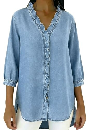 TURWXGSO Women's Summer Denim Blouse V Neck Button Down 3/4 Sleeve Shirt Ruffle Neck Side Split Jean Blouse Casual Elegant Loose Fit Tops Daily Vacation Party Tops for Ladies