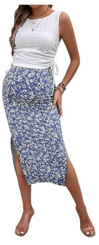 GORGLITTER Women's Maternity Co Ord Set 2 Piece Summer Outfits Eyelet Ruched Tank Top and Floral Slit Midi Skirt Sets
