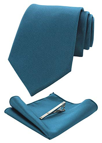 JEMYGINS Set Cravate Homme avec Pochette et Pince a Cravate Unie pour Mariage Business et Ceremonie Bleu Acier