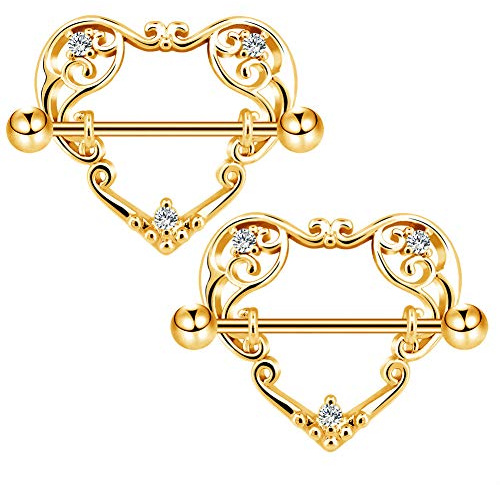 COCHARM 2pcs Heart Nipple Rings Gold for Women 14G Surgical Steel Nipple Piercing Nipple Shield CZ Nipple Barbell