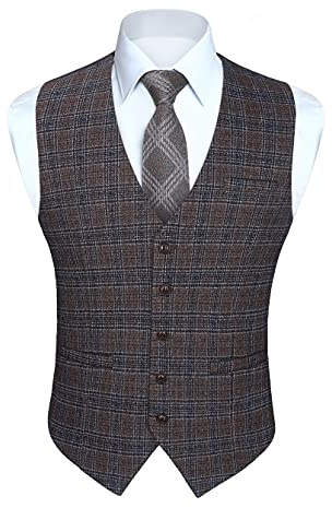 HISDERN Gilet da Uomo Marrone in Cotone Elegante Casual Panciotto Uomo Classico Formale a Quadri Scozzese Senza Maniche da Matrimonio con Tasche XL