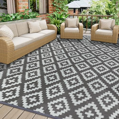 Homcomodar Outdoor Rug 180x270cm Grey Garden Rug Outdoor Waterproof Patio Rugs UV Resistant Camping Mat Plastic Straw Rugs for Patio Balcony Beach BBQ Picnic Deck