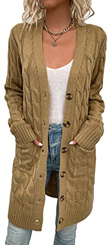 Avondii Cardigan lungo da donna a maniche lunghe con bottoni, oversize, a maglia grossa, cachi, XL