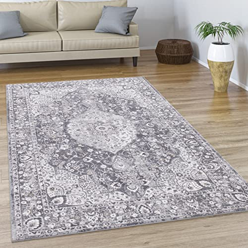 Paco Home Teppich Wohnzimmer Kurzflor Vintage Abstraktes Orientalisches Muster Modern Ornamente Bordüre, Grösse:160x230 cm, Farbe:Grau