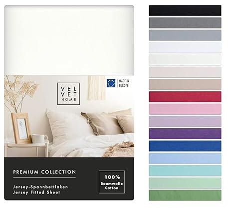 VelvetHome Spannbettlaken 200x220cm 100% gekämmte Baumwolle Made in EU Jersey Bettlaken 200x220 bis 25 cm Matratzenhöhe Spannbetttuch 200x220 Premium Qualität Schönen Farben Ecru