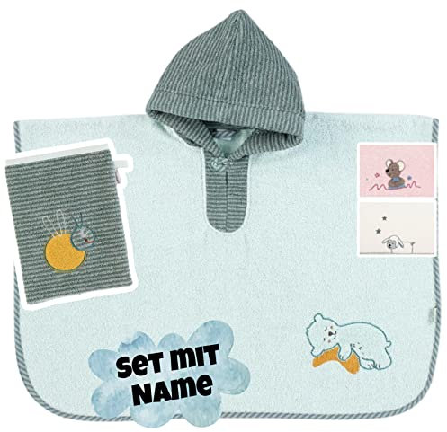 STERNTALER Badeponcho mit Waschhandschuh & Name personalisiert | Bestickt | Kapuzenbadetuch Kinder | Kapuzenhandtuch | Badetuch mit Kapuze | bis 5 Jahre (Bär & Biene Mint)