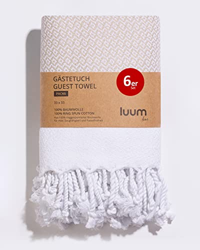 Luum® 6er Set Hamam Gästehandtücher, Deko Handtücher, Seiftuch, Waschlappen, Stoffservietten, Putzlappen, 100% Baumwolle schnelltrocknend fusselfrei Beige 33x33 Geschenkset Geschenke für Frauen