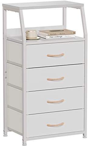 Furnulem Tall 4 Drawers Dresser, Vertical Storage Tower for Bedroom, Hallway, Entryway, Nursery, Closet Organizer, Nightstand Bedside Table Furniture, Sturdy Steel Frame, Wood Top, White