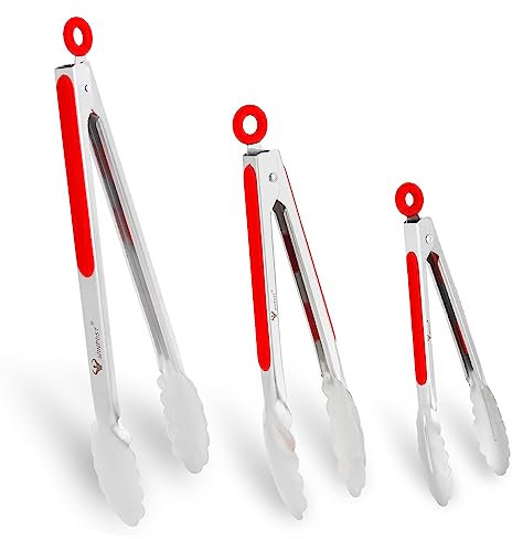 WINPOST Set di pinze da cucina in acciaio inox, 3-21 cm, 27 cm e 34 cm, in acciaio inox e manico antiscivolo resistente al calore, ideali per cucinare, insalata, grigliare e barbecue (21 cm, 27 cm +