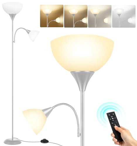 OUTON Lampadaire Salon avec Lampe de Lecture, Projecteur de Plafond LED Dimmable, 3 Températures de Couleur, Minuterie 1h, avec Télécommande et Ampoules 9W, pour Salon, Bureau, Chambre (Gris Argent)