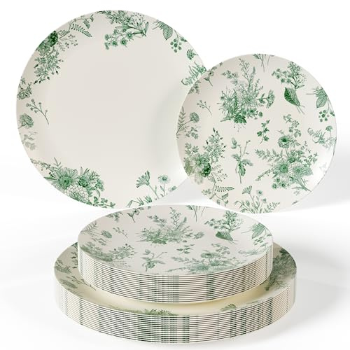 Trendables 40 Piece Plastic Disposable Plates Set For 20 Guests I 20 X 8 Inch Dessert Plates & 20 X 10 Inch Wedding Party Plates | Ivory & Green Verdure Design