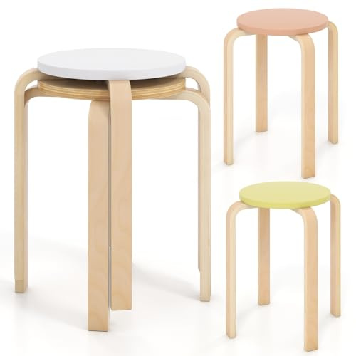 TANGZON 4PCS Stacking Stools, Solid Wood Round Bar Stool with Non-Slip Mats, Upholstered Breakfast Dining Seats for Home Kitchen Office & Classroom (without Padded Seat, Multicolor)
