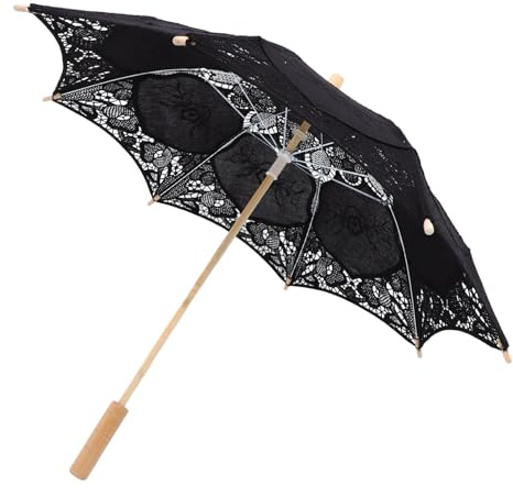 Toyvian Bridal Wedding Lace Parasol: 25.35 Inches Black Lace Umbrella Women Vintage Umbrellas Handmade Boho Parasol with Handle for Tea Party - Wedding Decorative Umbrella