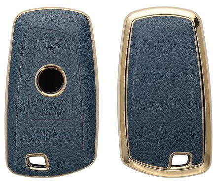 kwmobile Autoschlüssel Hülle kompatibel mit BMW 3-Tasten Funk Autoschlüssel (nur Keyless Go) Hülle - Schlüsselhülle aus TPU und Kunstleder - Cover Dunkelblau Gold