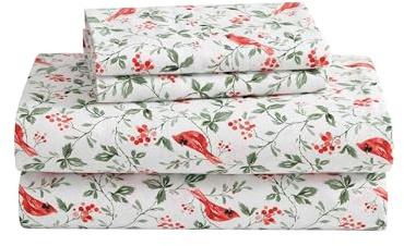 Laura Ashley - Sábanas tamaño Individual, Ropa de Cama de Franela de algodón Transpirable con Bolsillos Profundos, Cepillado para Mayor suavidad y Comodidad, Certificado Oeko-Tex (Jolly Cardinals,
