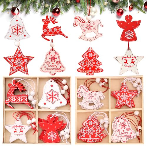 Doyomtoy 24 Pezzi Ciondolo in Legno per Natale, Decorazioni e Pendenti Natalizi, Addobbi Decorativi per Albero di Natale Fai da Te, Bianco e Rosso