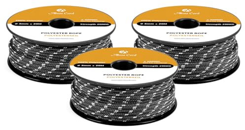 Abma Cord Corda Intrecciata in Poliestere 3mm x 20m Cima Nautica Resistente per Nautica, Esterno, Marina, Barca, Tende - Nero/Bianco