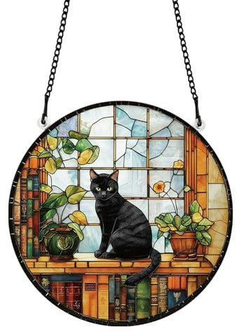 PLIGREAT Chat Noir teinté Attrape-Soleil Verre capteurs de Soleil étagère Acrylique capteur de lumière Patio Jardin Suspendu Ornements d’Arbre pour Salon Chambre à Coucher fenêtre décor