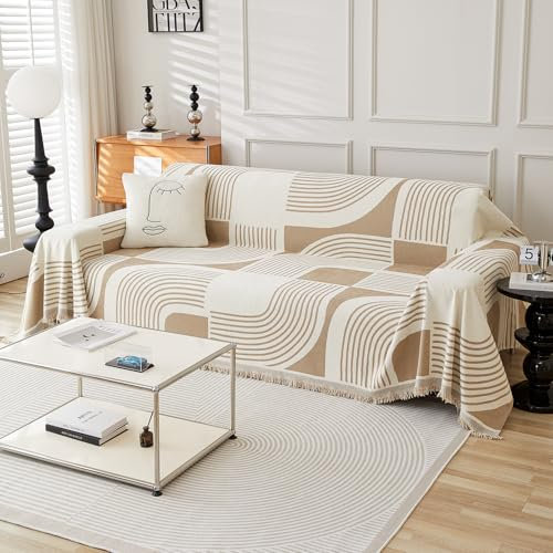 WEYOND Boho Couch Cover Sofa Covers Washable, Chenille Couch Covers for 3 Cushion Sofa Pet Friendly, Bohemian Sofa Slipcovers for Sectional Sofa, Loveseat, 2 3 4 Seater, Futon (180 x 260 cm, Khaki)