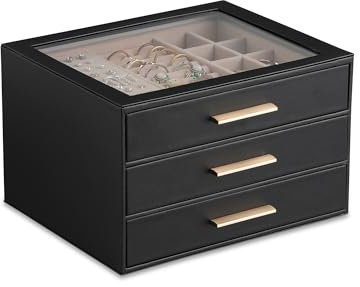 Frebeauty Clear Lid Jewellery Box,3-Layer Jewellery Organiser with Drawer,PU Leather Jewellery Organisers and Storage,Jewellery Box for Women,Jewellery Storage for Rings Earring,Gift for Women(Black)