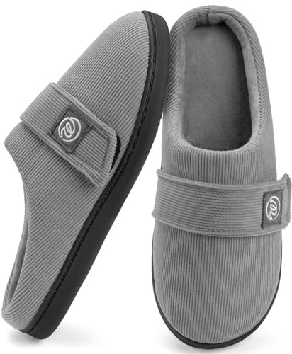 Zapatillas Casa Mujer con Espuma Viscoelástica y Plantillas Antideslizantes, Suaves y con Velcro,Parte Superior de Pana,Cómodas Zapatillas Mujer Casa de pelo Corto,en Negro y Gris 40-41