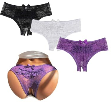comeondear Tanga Abierto Mujer de Encaje 3 Piezas Negro+Blanco+Morado,4XL