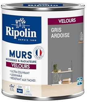 RIPOLIN - Peinture Intérieure Multi-Supports – Murs, Boiseries & Radiateurs – Ultra couvrante - Monocouche - Confort d'application - Aspect Velours - Gris Ardoise - 0,5L