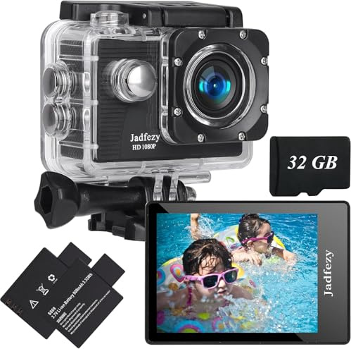 Jadfezy Cámara Deportiva HD 1080P con 32 GB Tarjeta de Memoria, Cámara subacuática 30M con 140 Grados Gran Angular, Cámara de acción 2 baterías Recargables de 900mAh y Kit de Accesorios（Nuevo 2026）