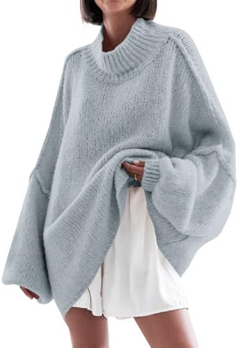 Saodimallsu Maglione da Donna, Oversize, Maniche a pistrello, in Tinta Unita, Elegante, a Collo Alto, Invernale, Casual, Lavorato a Maglia, Grigio., L