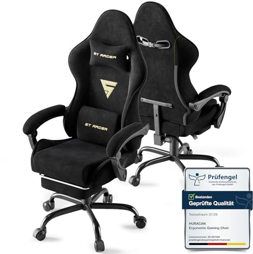 Huracan Sedia da Gaming Ergonomica, Gamer chair Con Cuscino Lombare + Poggiatesta, Sedia Gamer Regolabile In Altezza, Poltrona da gaming Schienale Inclinabile, Poggiapiedi Incluso, Nero