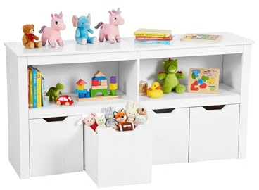Amveya Libreria Bambini, Contenitore Giochi Bambini, Libreria Bianca con 4 cassetti rimovibili, Porta Giochi Bambini Contenitori con 2 compartimenti aperti (120 x 33 x 61.5 cm)
