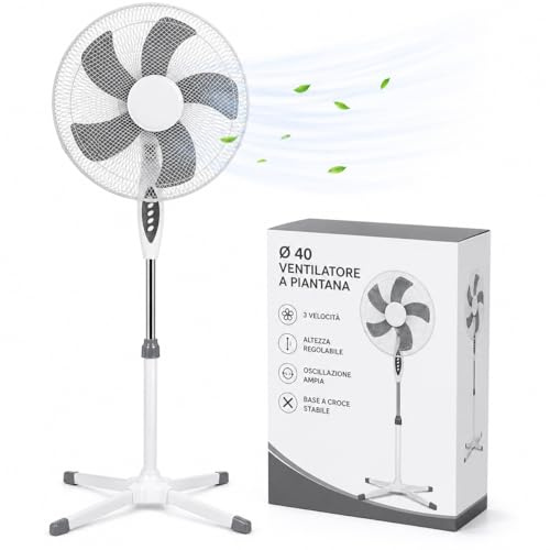 Ventilatore a Piantana Ø 40 cm BIANCO - FACILE MONTAGGIO - 50 W - 3 Velocità - STABILE e SILENZIOSO - Oscillazione Orizzontale - Altezza Regolabile 103-130 cm - Testa Inclinabile - Base a Croce