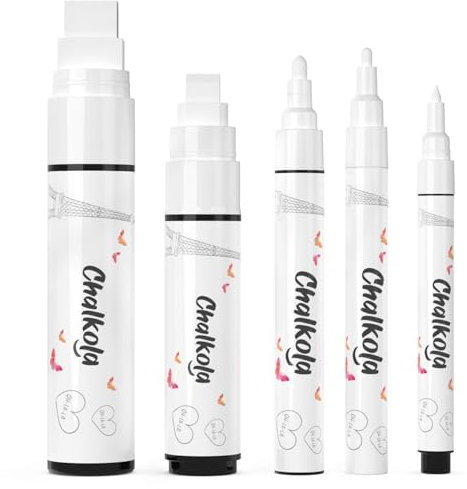Chalkola Kreidestifte - Weiß 5 Kreide Markers Multipack - 1mm, 3mm, 6mm, 10mm, 15mm Spitze. Kreidestifte für Fenster, Tafel, Glas und mehr. Geeignet für Erwachsene, Künstler, Lehrer und Kinder.