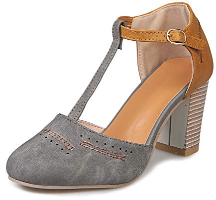 Onsoyours Zapatos De Tacón Alto Ancho, Sandalias De Vestir En Contraste Punta Redonda Zapatillas con Hebillas Sandalias Romanas De Boda Fiesta De Baile Elegante Chic De Verano Primavera Gris 36 EU